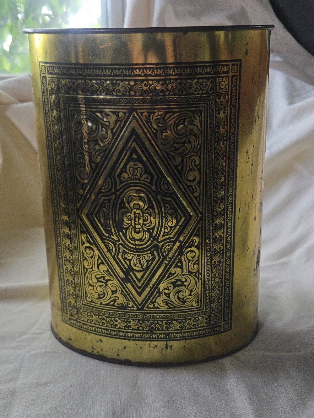 Vintage MCM Harvell Gold Oval Metal Trash Can 13" Embossed Crosses